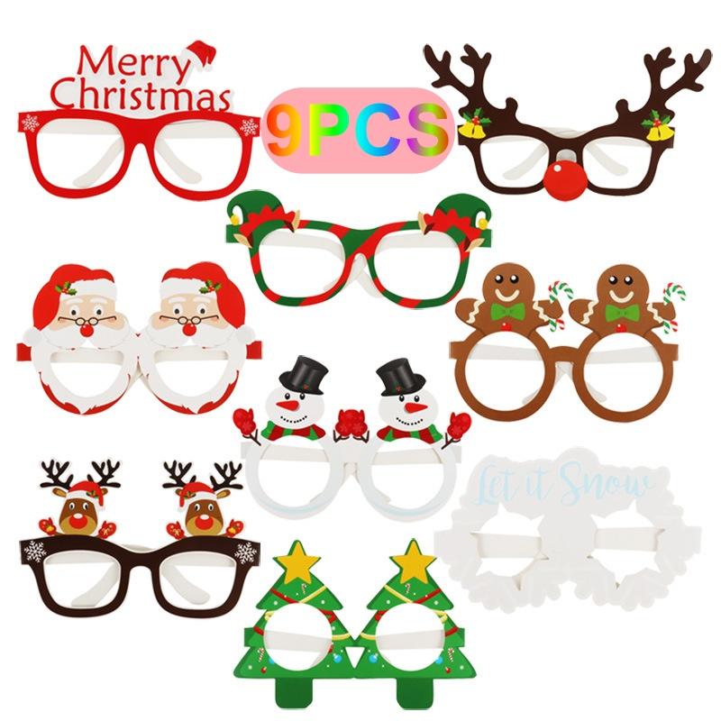 Christmas 3D Paper Decorative Glasses for Children 9 Pieces/set Frame Cartoon Pattern Design Party Christmas Paper Glasses Frame