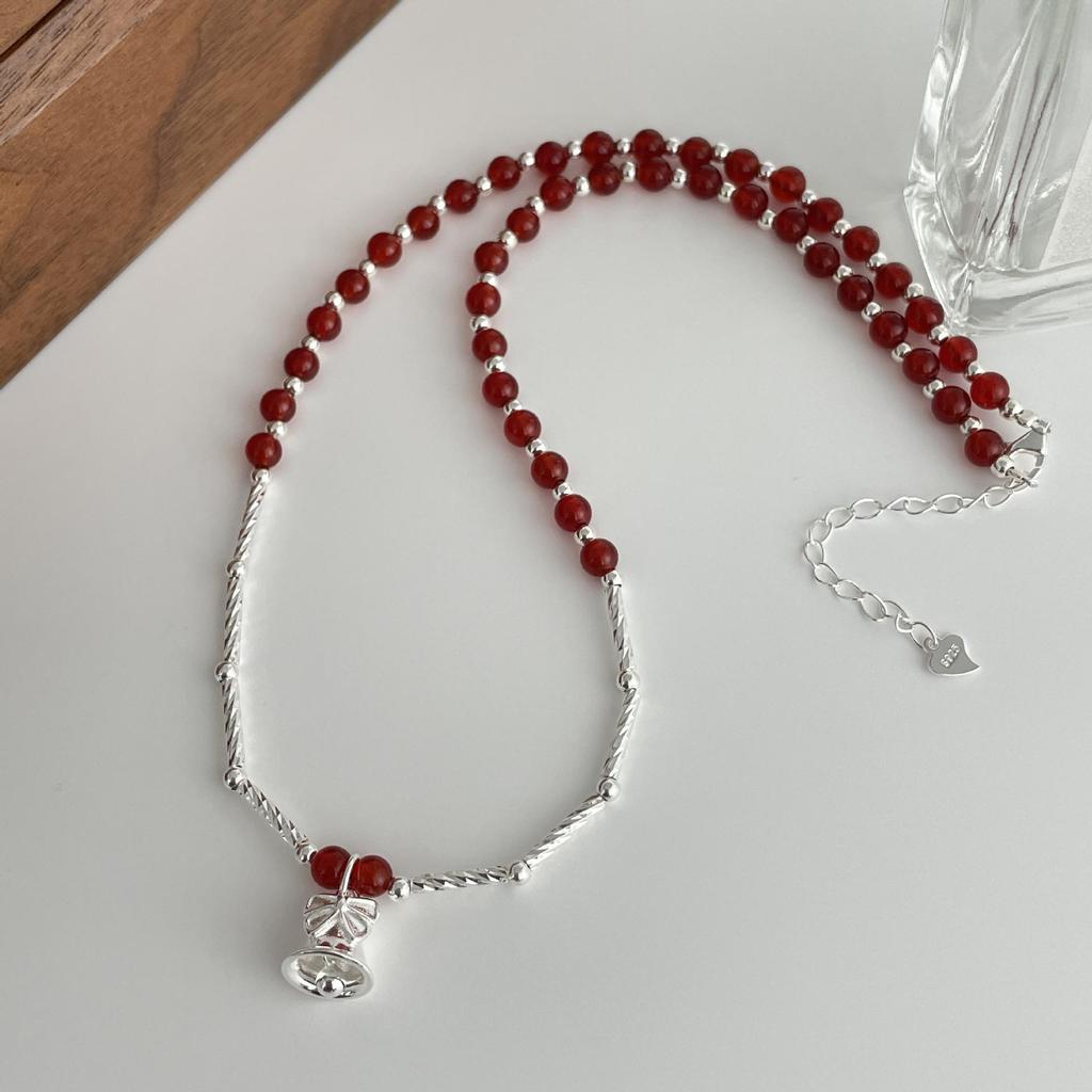 Ticky Red Agate Christmas Necklace S925 Silver Bow Bell Clavicle Chain