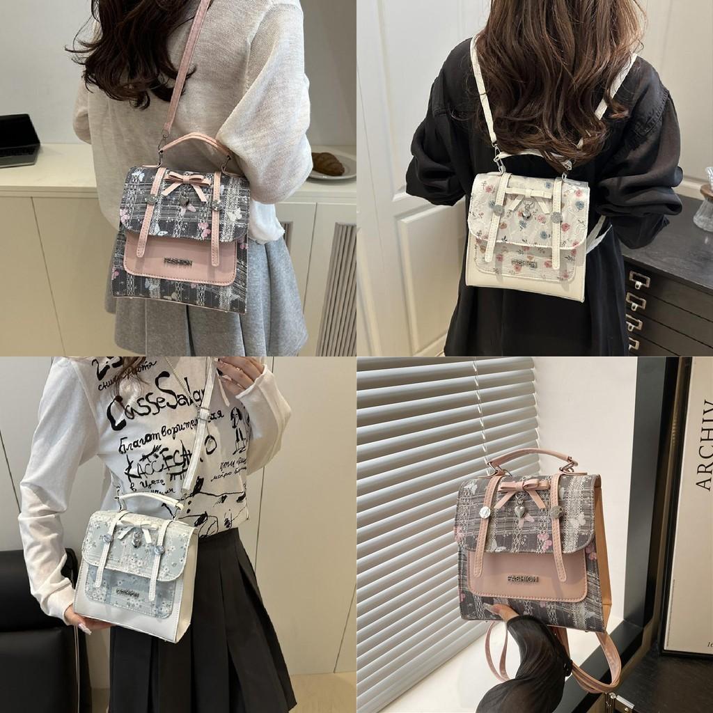 Sweet Splicing Print Design Bow And Lace Decoration Women Casual Shoulder Bags