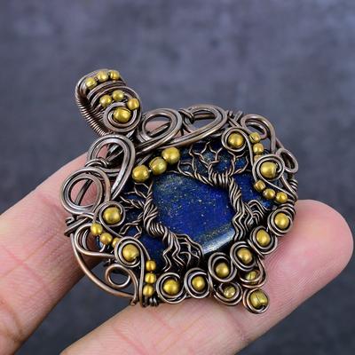 Natürlicher Lapislazuli, handgefertigt, Kupferdraht, Lebensbaum-Anhänger, 5,6 cm, H7b94