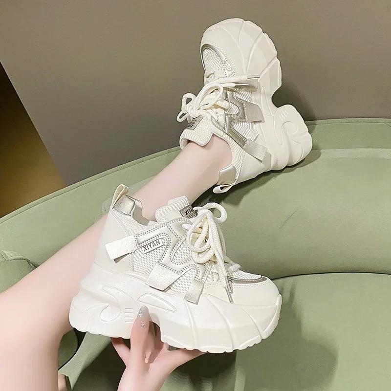 Fashion 9.5CM Spring Women Casual Sneaker Autumn Lace Up High Platform Shoes Thick Sole Sport Dad Shoes Woman Sneakers Chaussure Femme