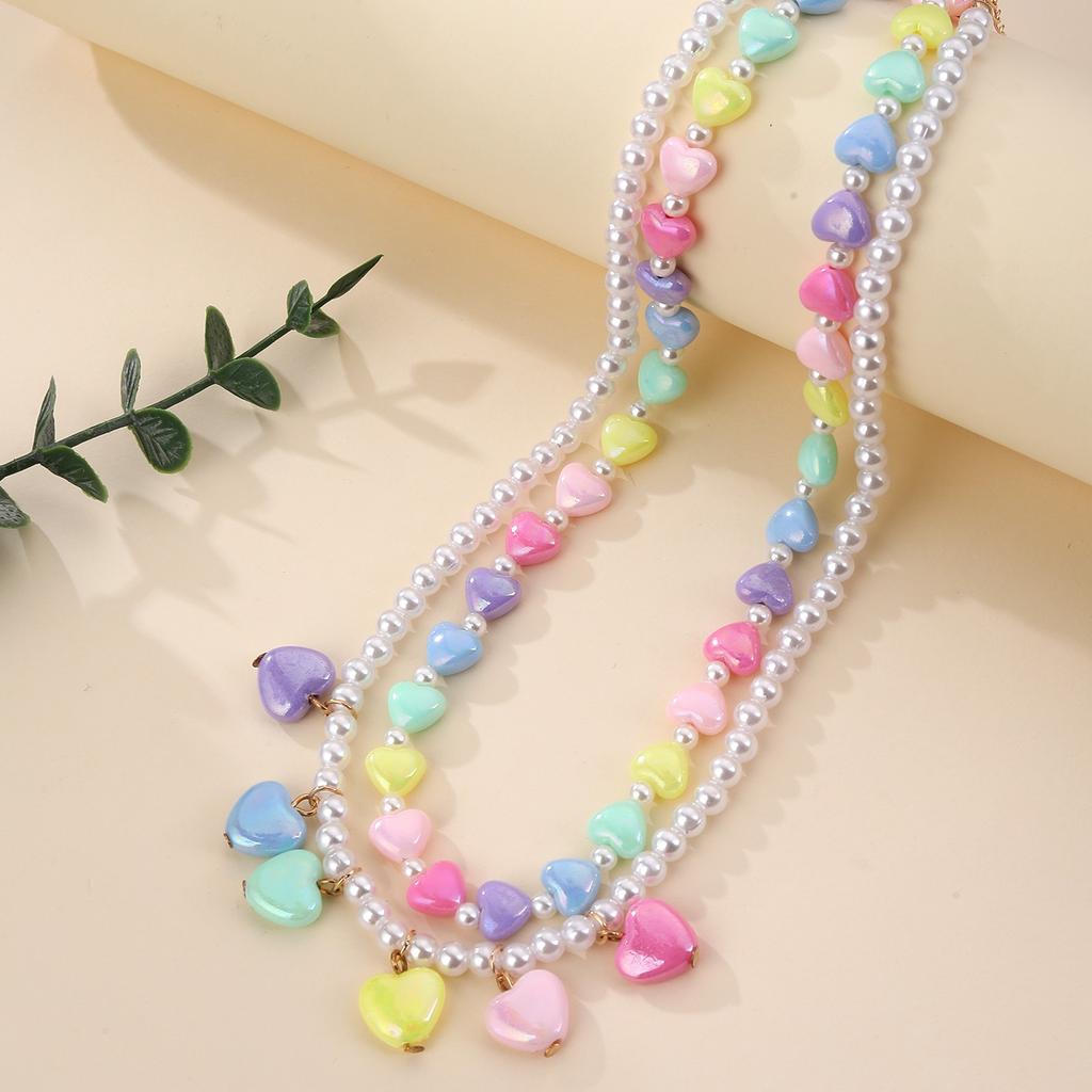 2pcs Pastel Heart Beaded Pearl Necklace Set – Kawaii Colorful Layered Choker for Girls, Cute Y2K Jewelry
