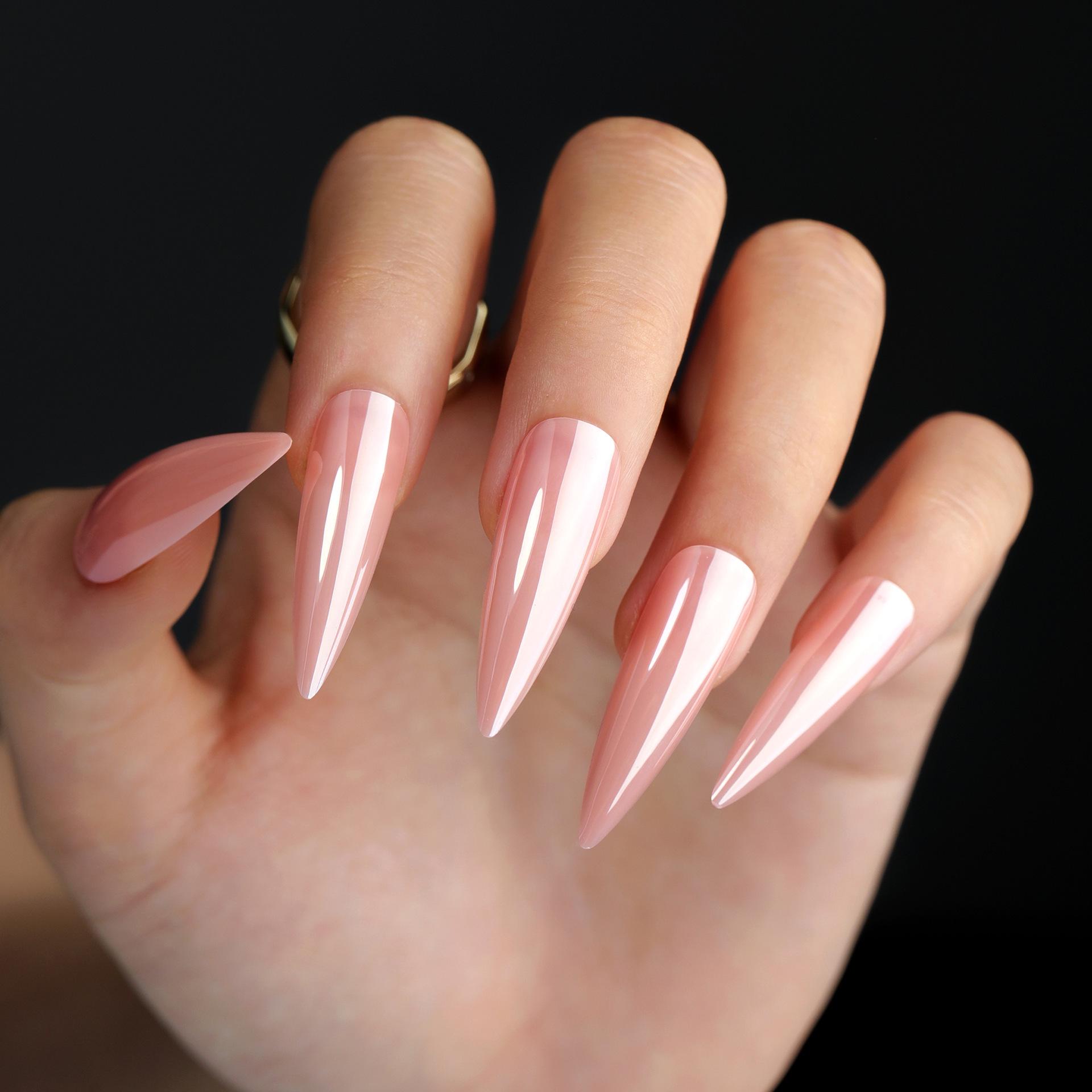 

European Pink Long Pointed Wearable False Nail Tips - Solid Color Simple Manicure