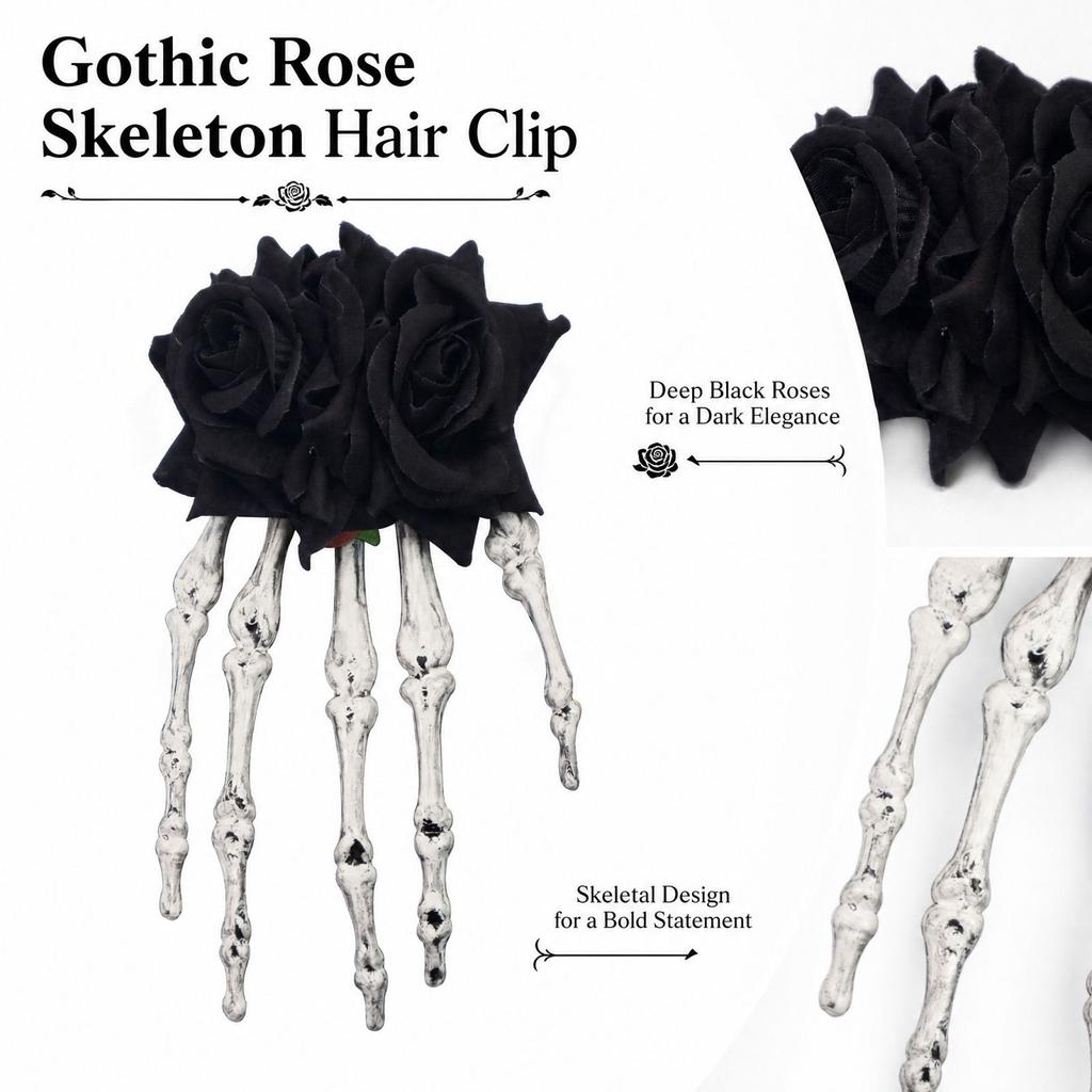 Halloween Skeleton Hand and Twin Flower Hair Accessory for Women and Girls