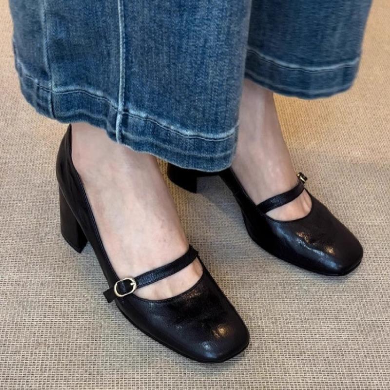 

Туфли на высоком каблуке с квадратным носком Женские сандалии Туфли Мэри Джейн Летние лоферы Тренд 2025 Туфли-лодочки с мелким вырезом Массивные Zapatos Mujer 39 чёрный