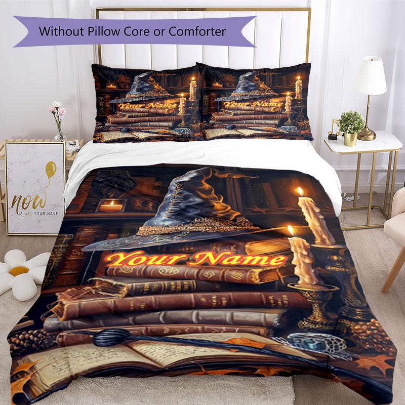 3pcs Custom Name Hat Magic Spells" Bedding Set Printed Bedding Set Duvet Cover Closure Includes 1 Duvet Cover & 2 Pillowcases Bedroom Decor