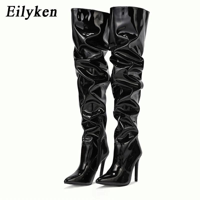 

Eilyken/Новинка 2024 года, высокие сапоги до бедра, модные женские туфли из лакированной кожи с острым носком и молнией, плиссированные дизайнерские женские туфли на шпильке 35 чёрный