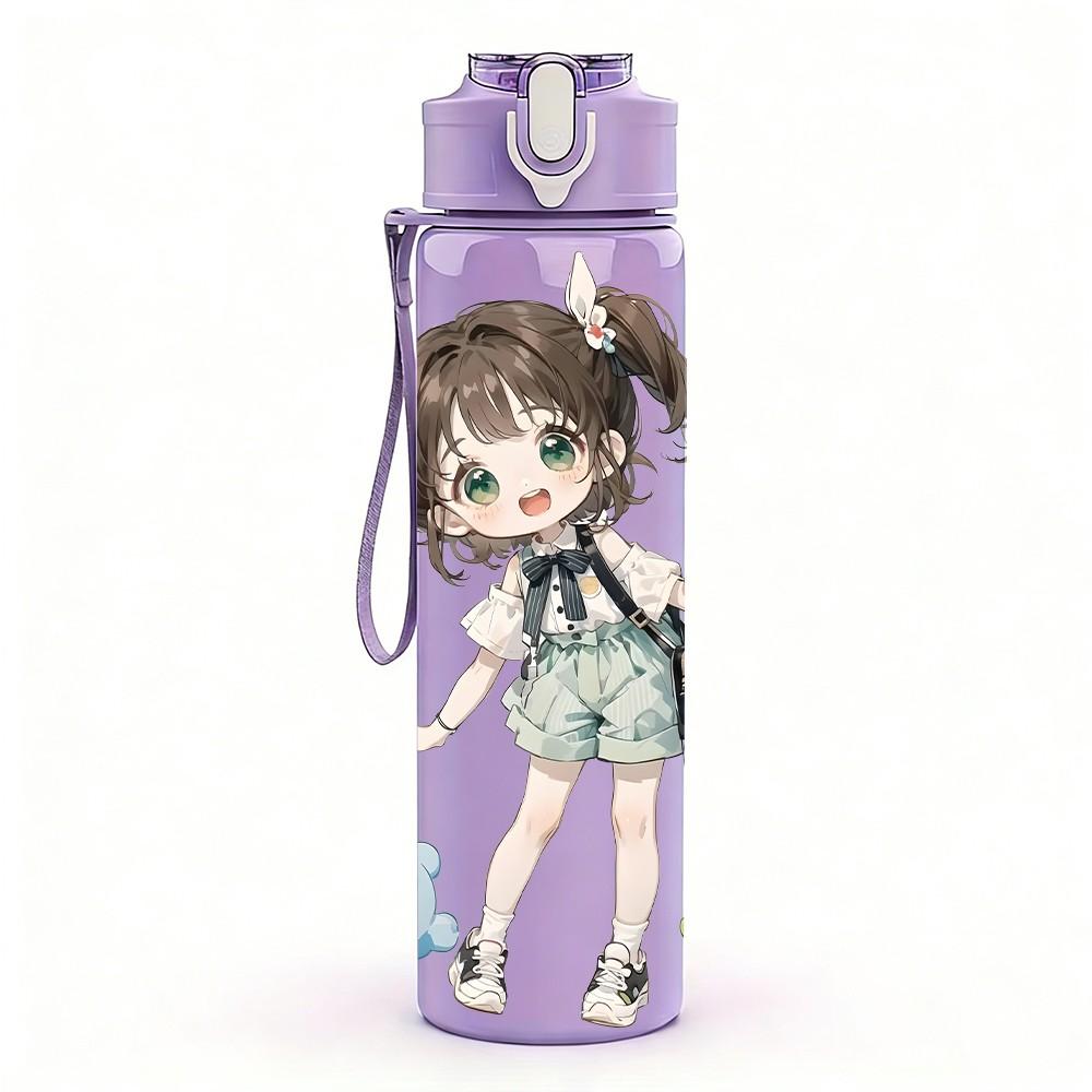 1PC Ponytail Girl Leaf Foliage Pattern 750ml Color Plastic Sports Water Bottle Leakproof Flip Straw Lid Suitable for Sports Office Home Use