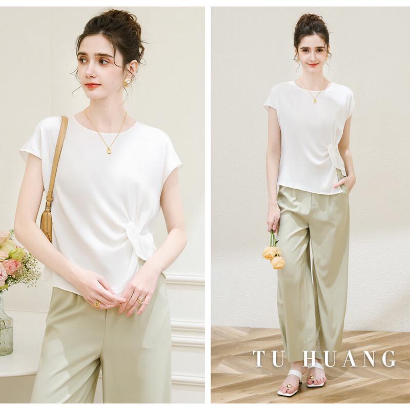 TUHUANG Women's Silk Blend Round Neck Twist Knot Split Top