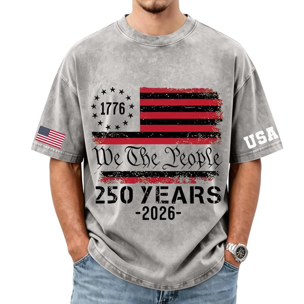 Men's Loose and Casual Flag Letter Print T-shirt - Men's Trendy Washed Short-sleeved Top