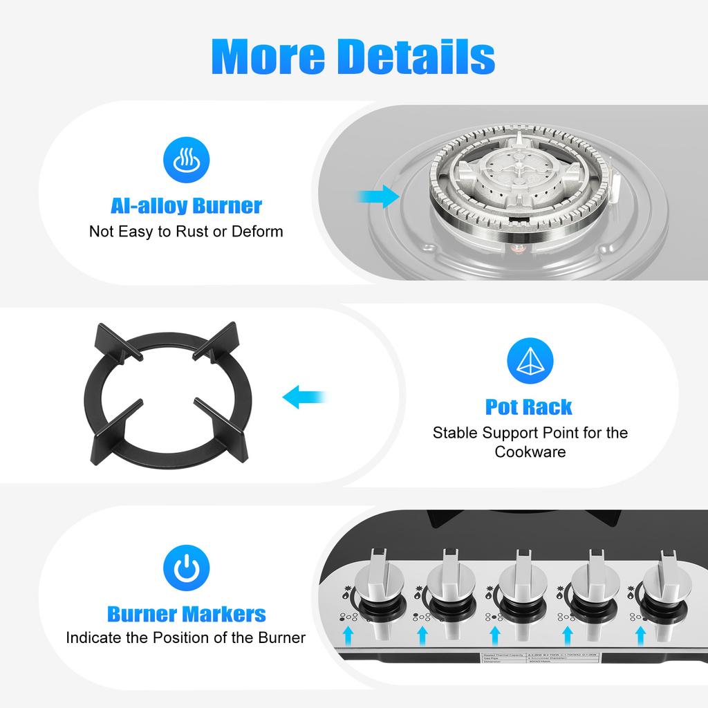 5 Burner Gas Cooktop Tempered Glass Gas Stoves 180 Degree Heat Control Knob Kitchen Gas Stove for Home Use W/ Safety Protection