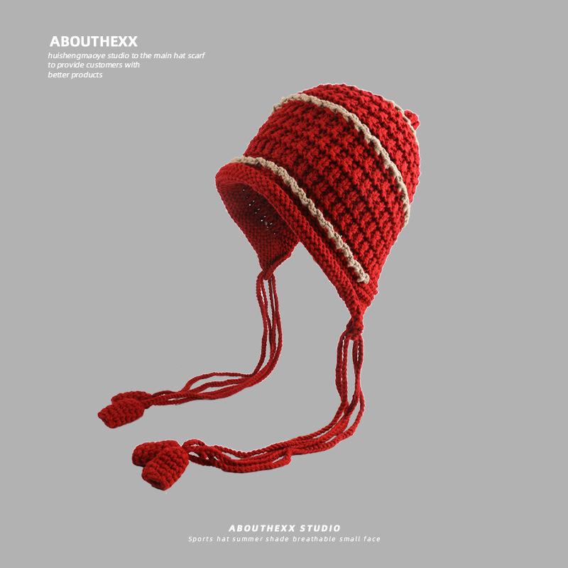 

Women s Autumn and Winter Tassel Lace up Knitted Hat Korean Style Versatile Warm Wool Hat Japanese Ear Protection Head Cold Hat Trendy M（56-58cm）