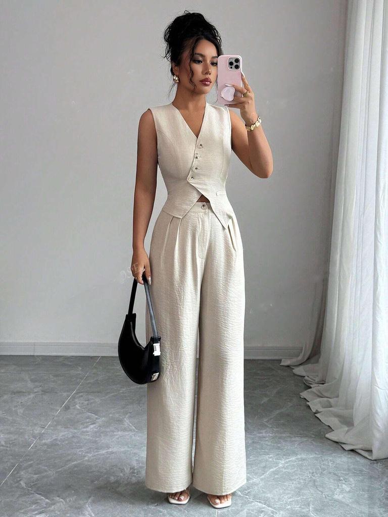 Women's Tie-Design Vest & Straight-Leg Pants Set