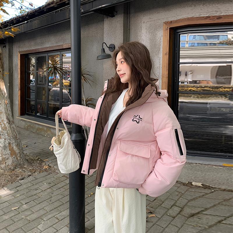 Cotton-padded women's coat new hooded bread clothes big pockets color matching winter loose short fashion cotton clothes