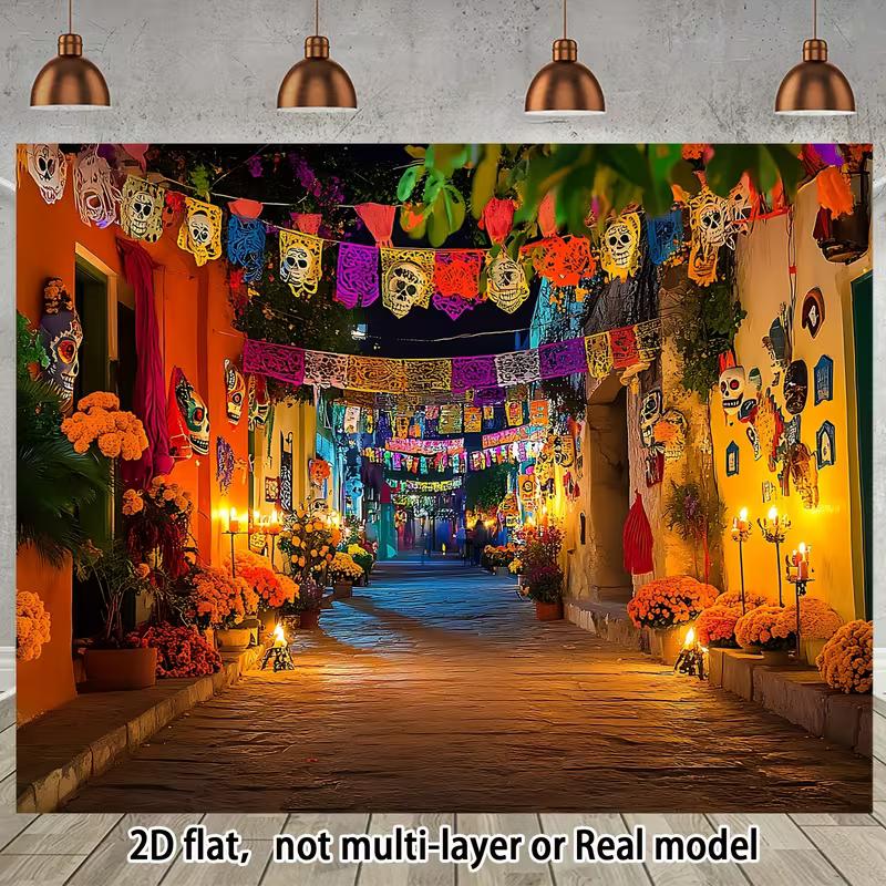 2D Día de los Muertos Fotobox Hintergrund, Mexikanisches Festival mit Ringelblumen und Kerzen
