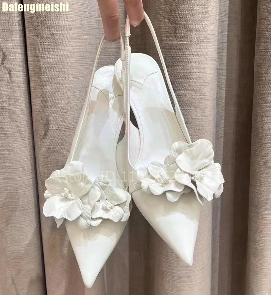 Fashion White/pink Flower Pointed Toe Sandals Slingback Back Strap Fashion Summer Kitten Heel Sandals Wedding Banquet Casual Sandals