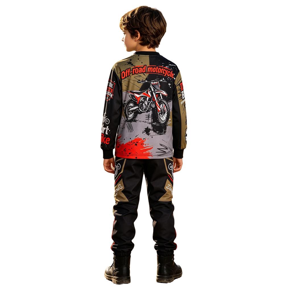 Kinder Jungen Bedruckter Motocross Anzug Off-Road Motorrad Rennanzug Rundhals Langarm Oberteil mit Elastischem Bund Taschen Hose