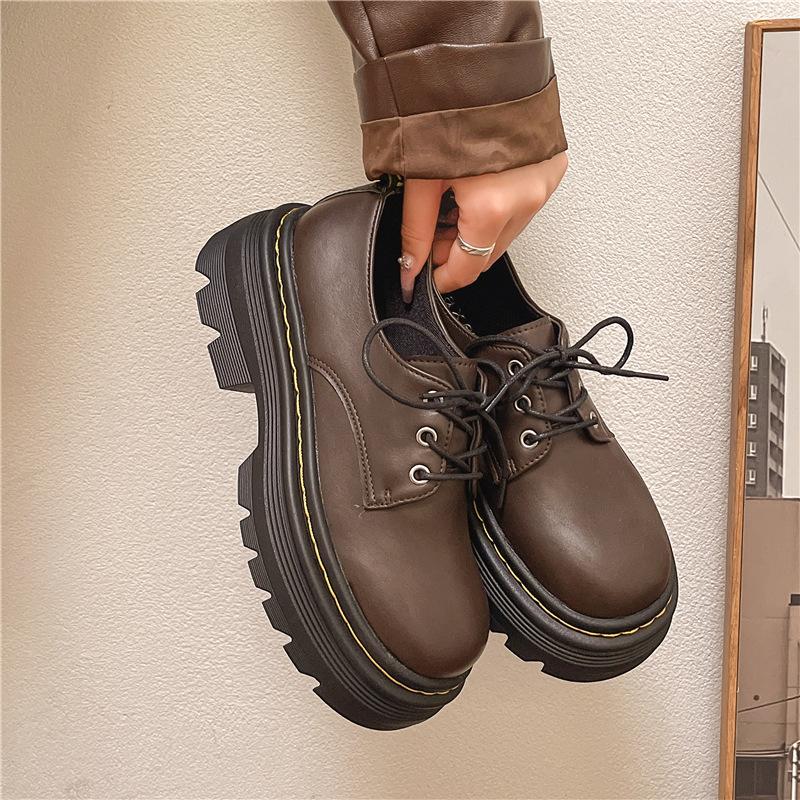 Large Size Platform British Style Lace-up Small Leather Shoes Round Head 2024 Thick Heel Loafers Autumn Retro Muffin Single Shoes Women
