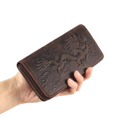 Vintage 3D Print Genuine Leather Men Wallet Tiger Dragon Long Zipper Card Holder Wallet