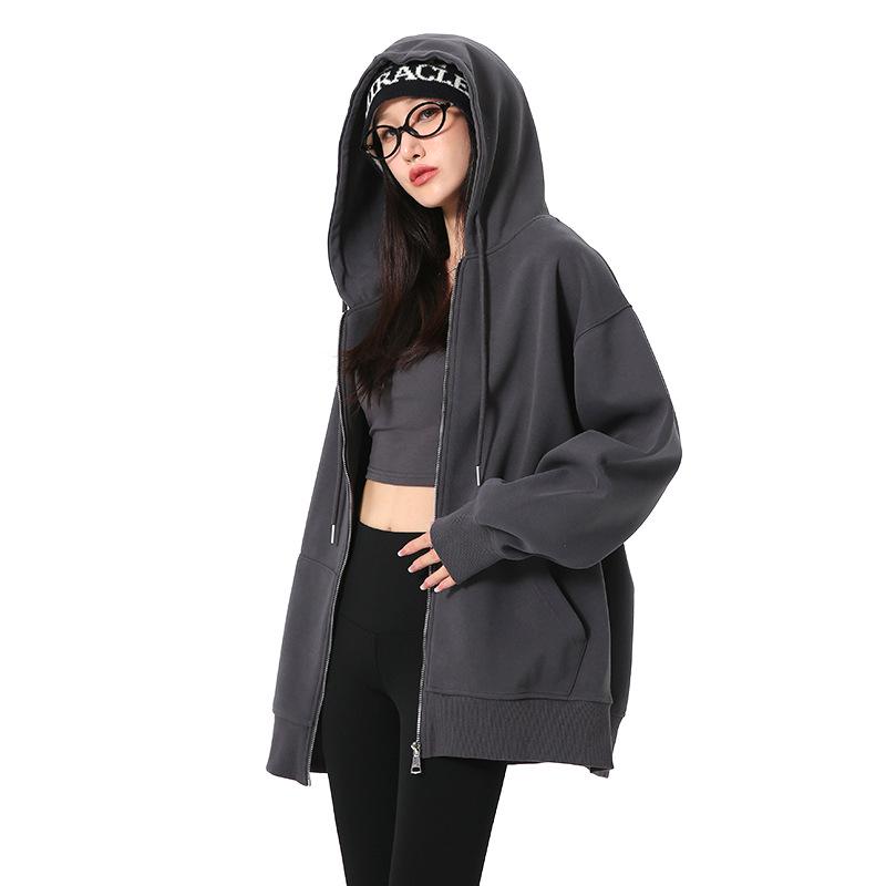 Korean-Style High-End Women's Drop Shoulder Hoodie Sweatshirt - Autumn 2024 Loose Casual Long-Sleeved Cardigan Jacket