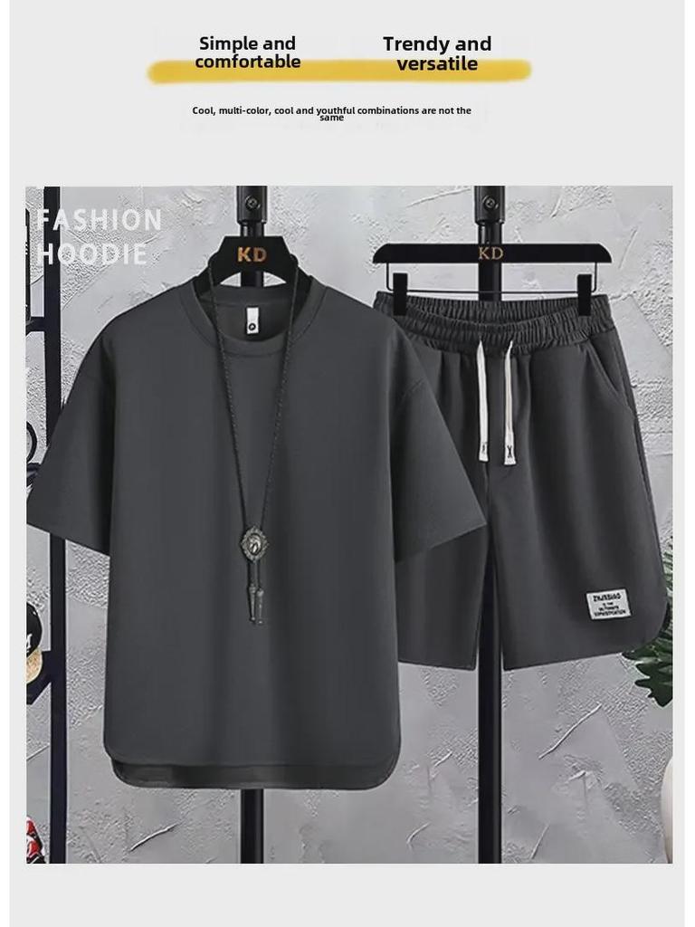 Men's Korean Summer Waffle Short-Sleeve T-Shirt & Casual Sports Two-Piece Set