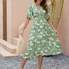 Women's Casual Printed V-Neck Short Sleeved Waist Dress Bohemian Beach Skirt Beach Skirt