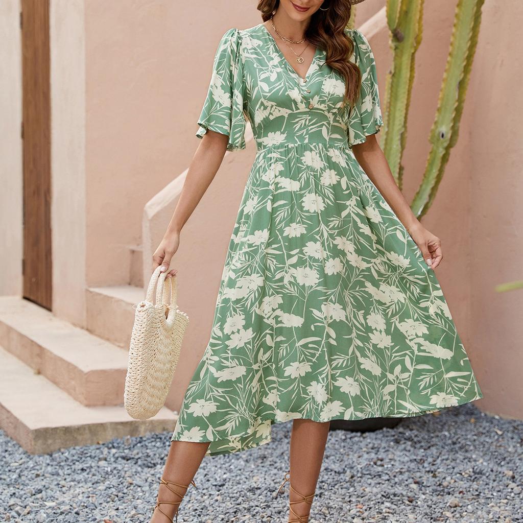 Women's Casual Printed V-Neck Short Sleeved Waist Dress Bohemian Beach Skirt Beach Skirt
