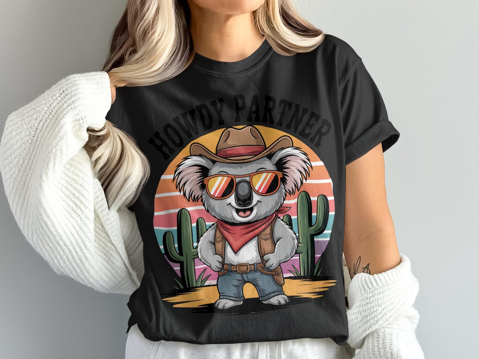 Howdy Partner Koala T-Shirt, Western Cowboy Tee, Cute Animal Shirt, Cartoon Graphic, Funny T Shirt, Koala Lover Gift, Western Theme Shirt S