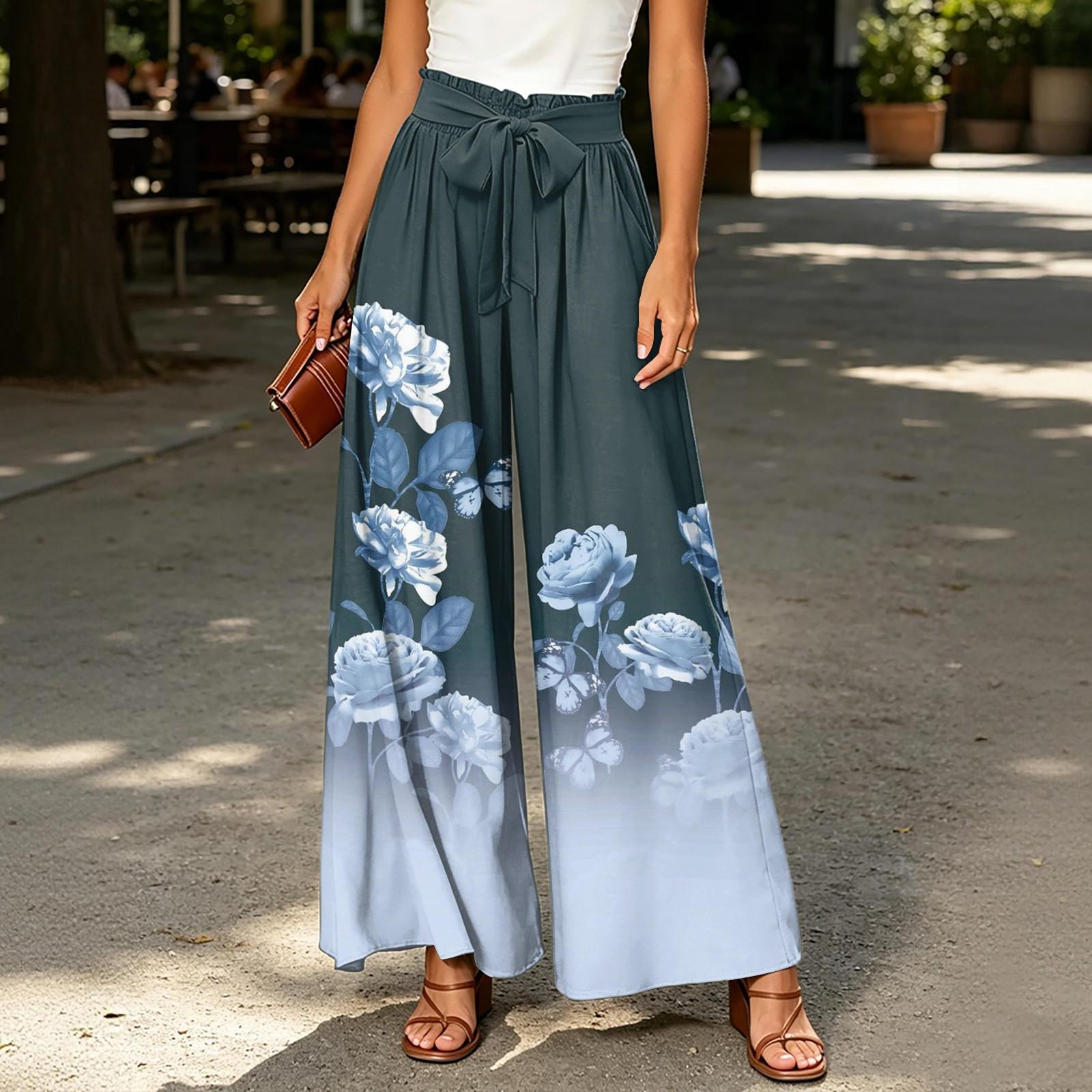

Women’s High Waist Casual Wide Leg Pants with Floral Print Drawstring Waistband and Side Pockets for Everyday Wear S