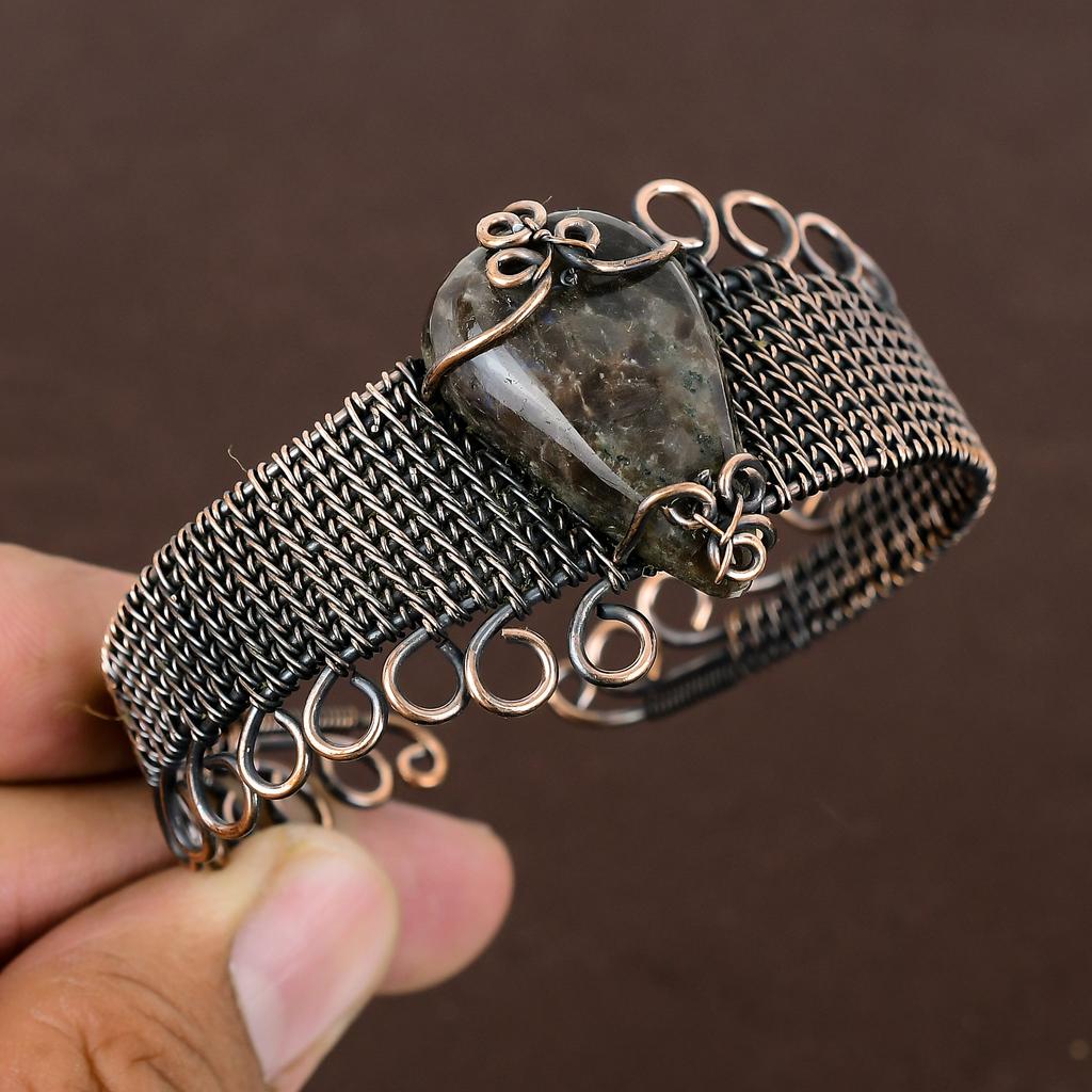 Labradorite Handmade Copper Wire Wrap Bangle Adjustable A7t11