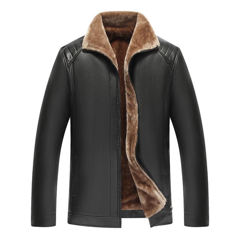 

Middle-aged and old dad s fur integrated fleece thickened leather jacket fashionable classic autumn and winter coat 52【suggestion 50-60kg】 чёрный