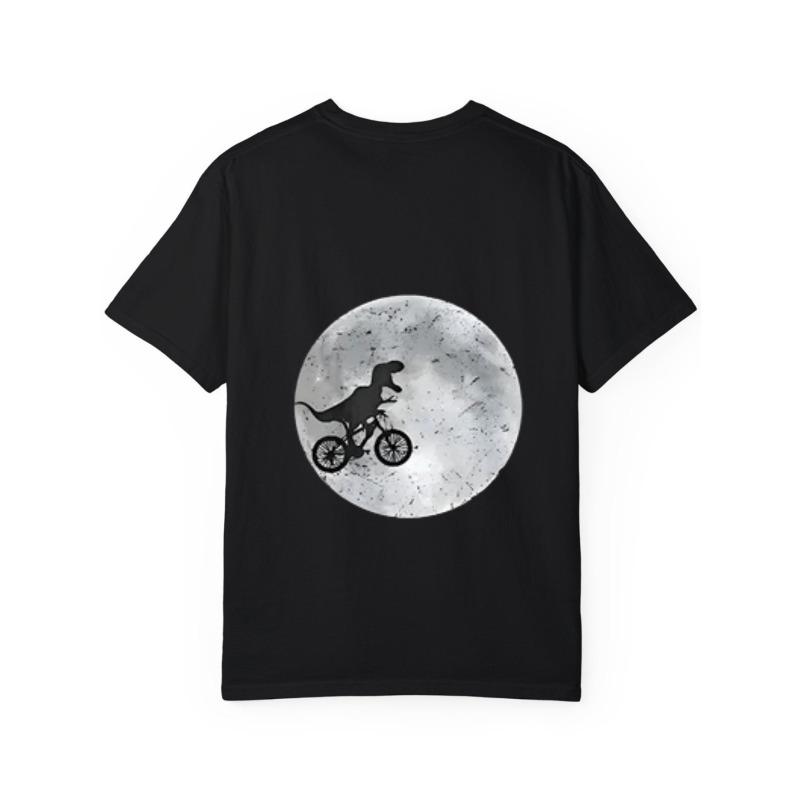 White T Shirt with Dinosaur Riding Bike on Moon Print Casual Summer Wear for Men and Women