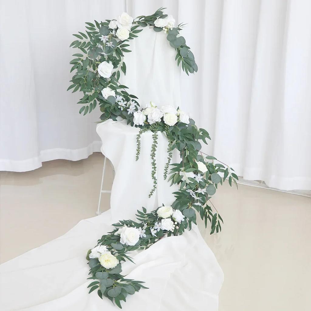 2.7M Artificial Wedding Eucalyptus Garland Runner with Rose Flowers Rustic Floral Table Centerpieces Boho Wed Decoration
