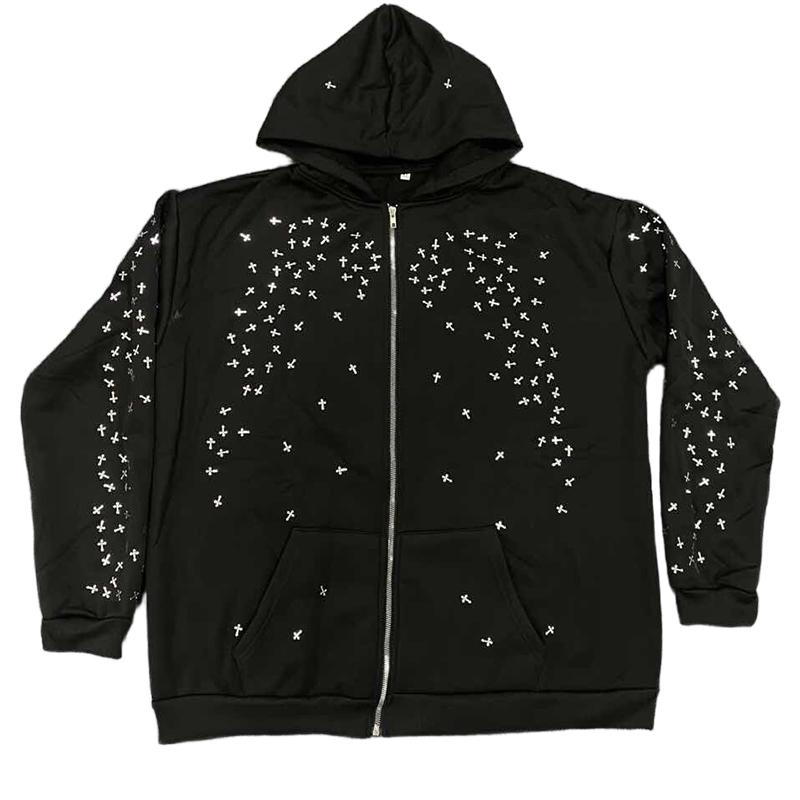 BeatStreet Chic Unisex Starry Sky Rhinestone Hoodie Women Modern Padded Shoulder Zipper Long Sleeve Jacket Street Casual Lady Sweatshirt