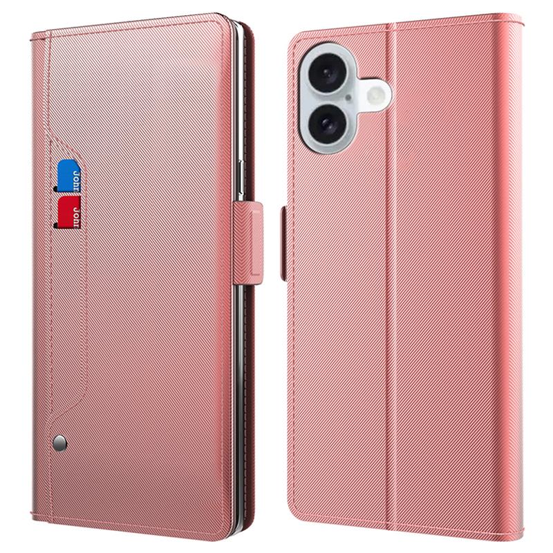 

For iPhone 16 Plus Case Magnetic Clasp Protect PU Leather Mirror Phone Cover Rose Gold
