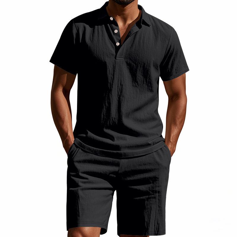 Men's Summer Sporty Cotton Linen Two-Piece Set: Breathable Short Sleeve Polo Shirt & Lapel Shorts