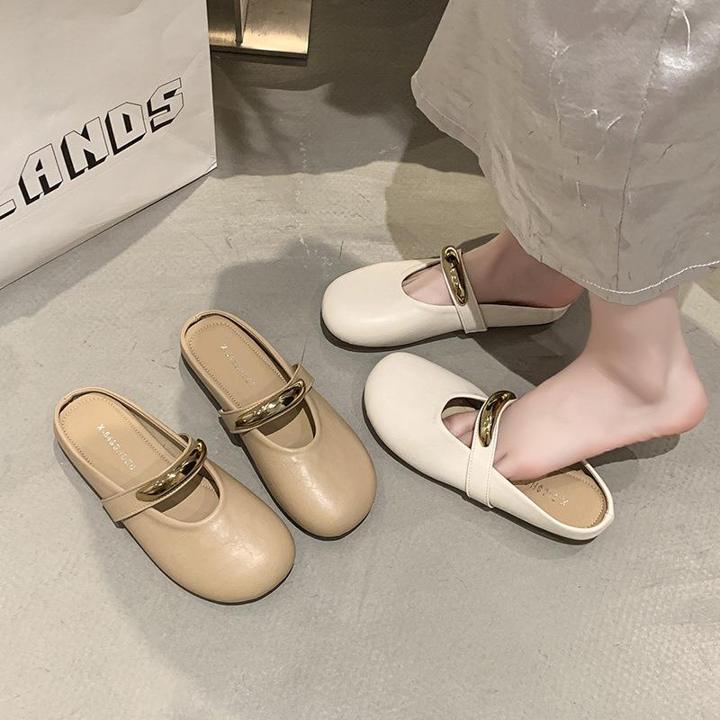 Temperament shallow single shoes women's summer new Mary Jane soft-soled Doudou shoes one foot bag head half slippers