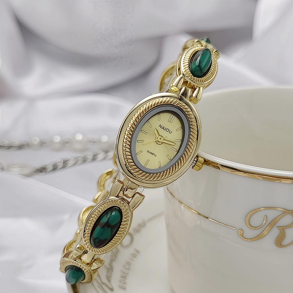 Korean Style Women's Oval Bracelet Watch - Colorful Stone, Versatile, Niche Fashion, Gold, High-End Feel