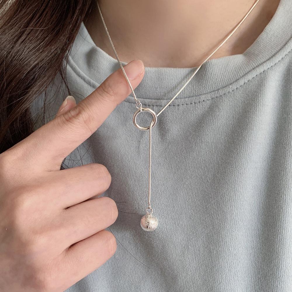 Geometric Shape Long Sweater Chain Luxury Silver Bead Necklace Brushed Round Ball Necklace  Gift