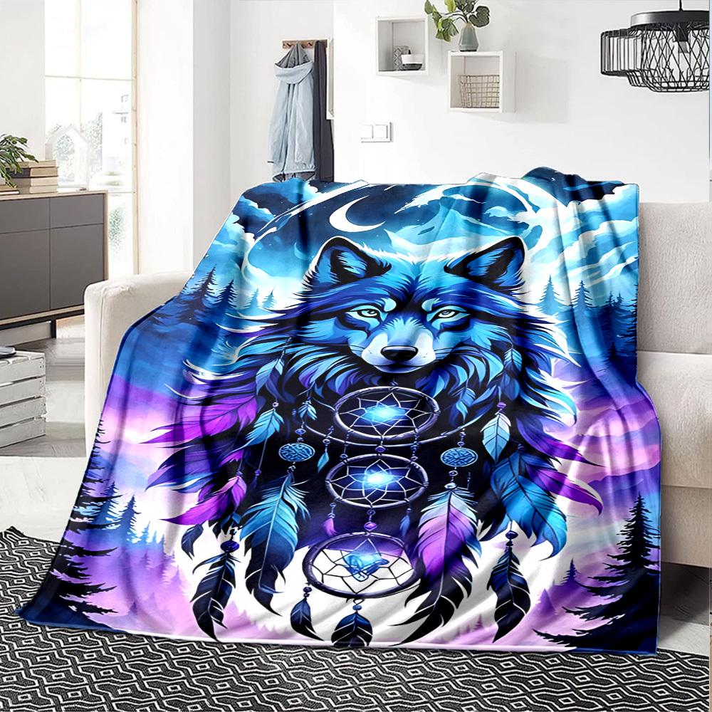 1pc Wolf Dreamcatcher Throw Blanket Soft Flannel, Cozy All Season Polyester Perfect for Home, Office