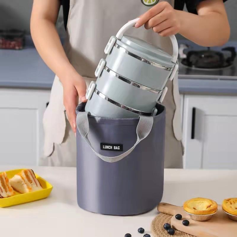 Large Round Insulated Lunch Box Bag Aluminum Foil Hand-held Circular Bento Bag Work Carry-on Insulation Bag Meal Bag