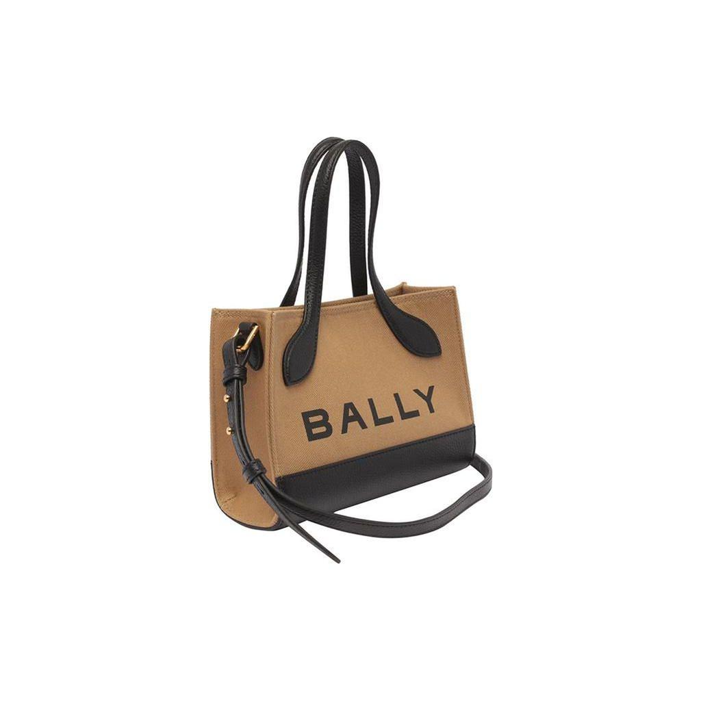 Bally Large Logo Casual Magnetic Closure Fabric And Leather Tote Bag Women Tote Sand Black 6304584
