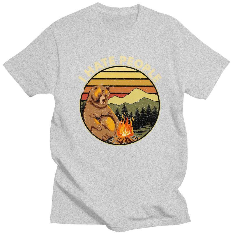 Custom Mens Bear Camping I Hate People T Shirts Short Sleeve Cotton Tshirts Casual Adventure Capmer Tees Loose Fit Clothing