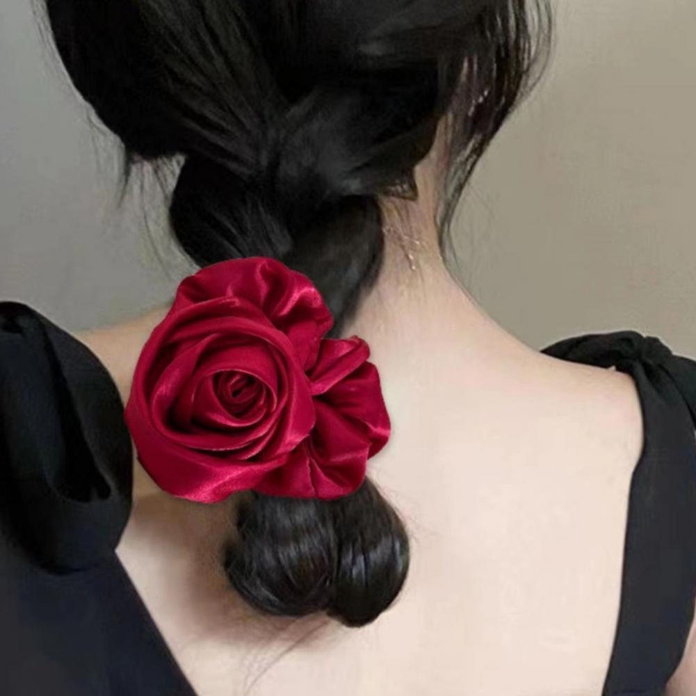 Charming Hair Tie Elegant Satin Rose Hair Rings for Stylish Women 3d Flower Decor Elastic Bands for Scalp-friendly Hair