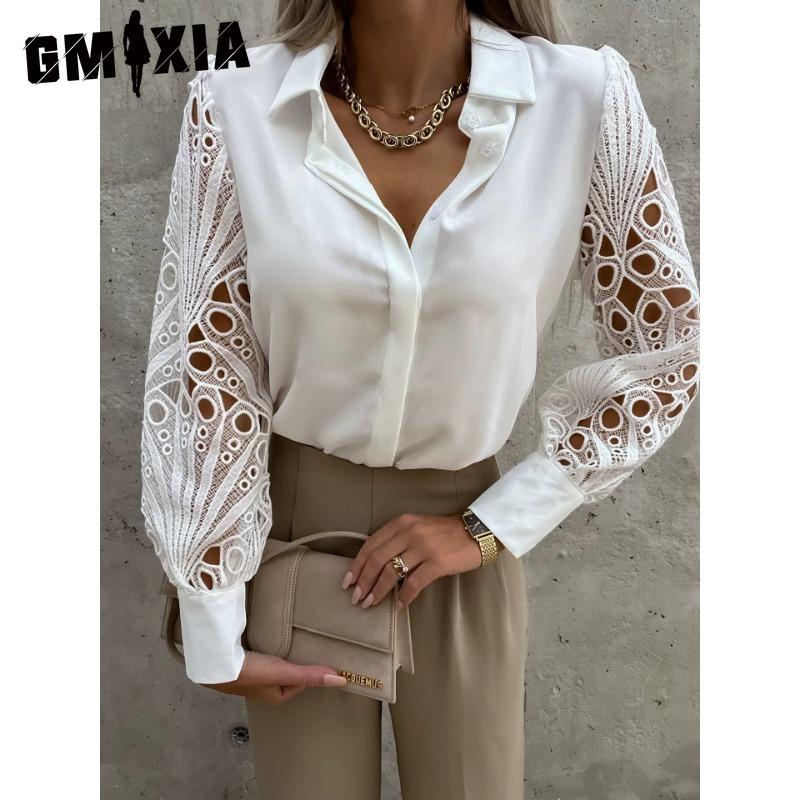 

GMXIA Женские модные повседневные однотонные блузки и рубашки-поло с длинным рукавом с принтом XXL белый