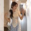 Korean design sense irregular hem strap-up front shoulder crew neck short-sleeved t-shirt women's summer new small top