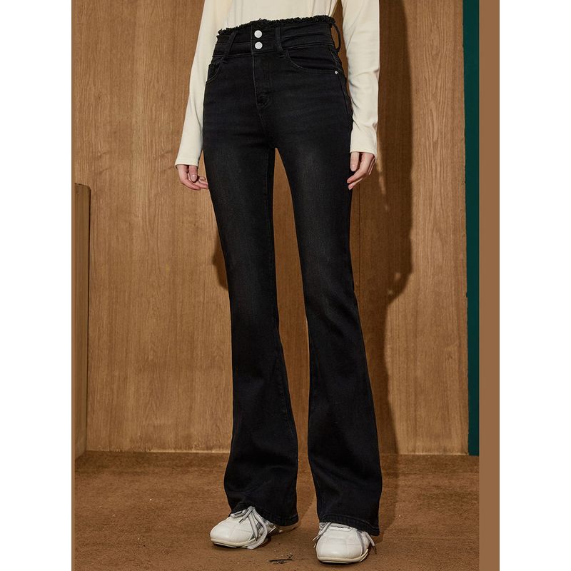 Coolhut Women's Black High-Waisted Flared Jeans Slimming Versatile Long Pants That Cover the Body