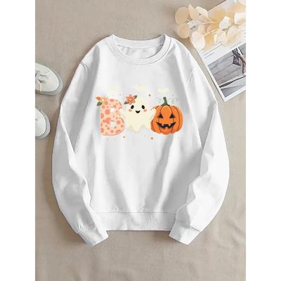 BOO Cute Ghost Print Halloween Style Women's Autumn and Winter Hoodie Fashionable Comfortable Round Neck Top Casual Clothing