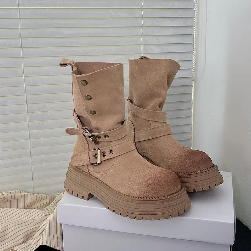 Brown Retro Medium Short Botas Women British Knight Boots Fashion Belt Buckle Western Cowboy Boot Platform Versatile Women Shoes
