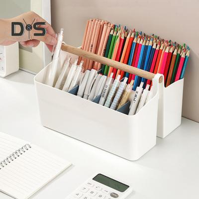 Kunststoff-Caddy für den Schreibtisch mit Holzgriff, Behälter für Künstlerbedarf mit verstellbaren Trennwänden, Aufbewahrungstasche für Make-up-Korb für Buntstifte und Pinsel